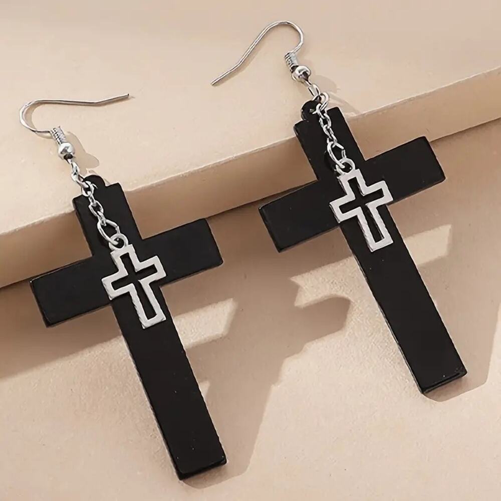 Black Cross Dangle Earrings Women Jewelry Punk Goth Halloween